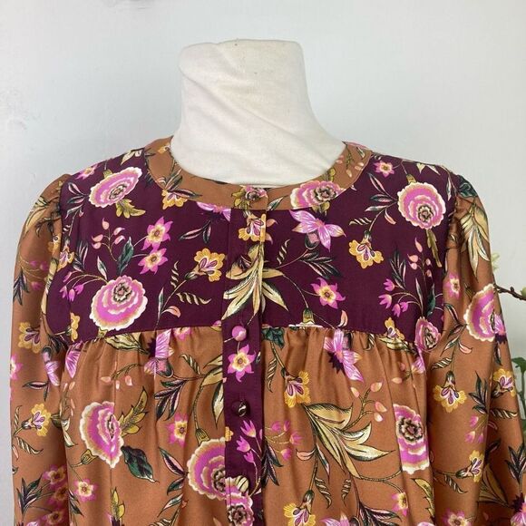 LOFT Blouse | Mixed Print Henley Blouse | Small S | Office Casual | Amber - Picture 3 of 12